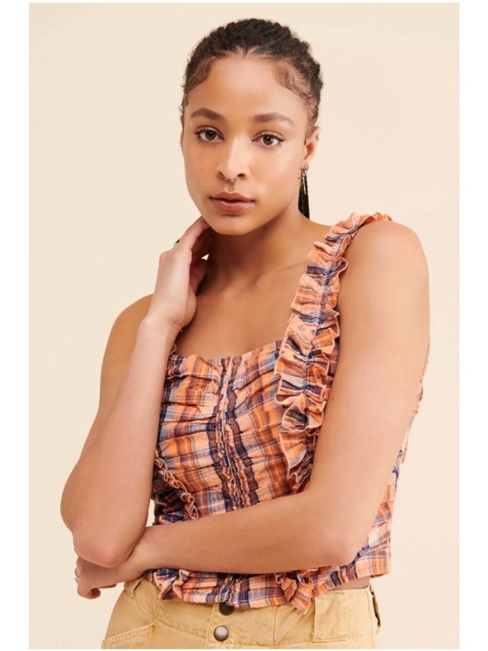 Anthropologie Verb Orange‎ & Navy Plaid Ruffle Strap Smocked Crop Top S